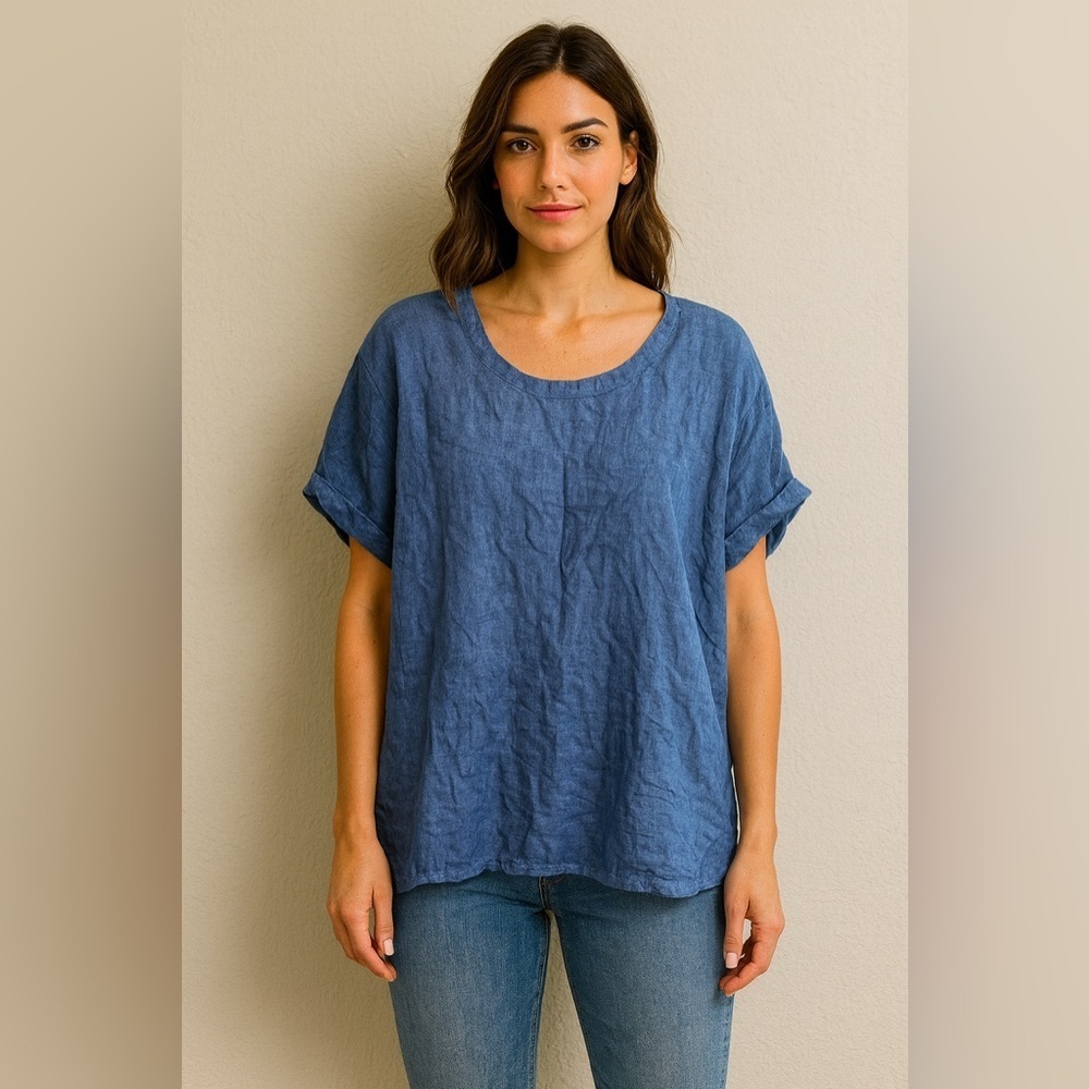 Ashley Stewart Blue Boxy Blouse with Cuffed Sleeves Size 20